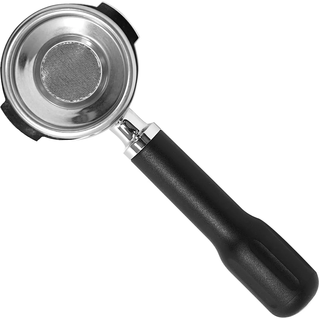 The Lelit 1000049 58mm Single Spout Portafilter, featuring a black handle, is shown from above on a white background with its empty filter basket clearly visible. © 2025 1st-line.com