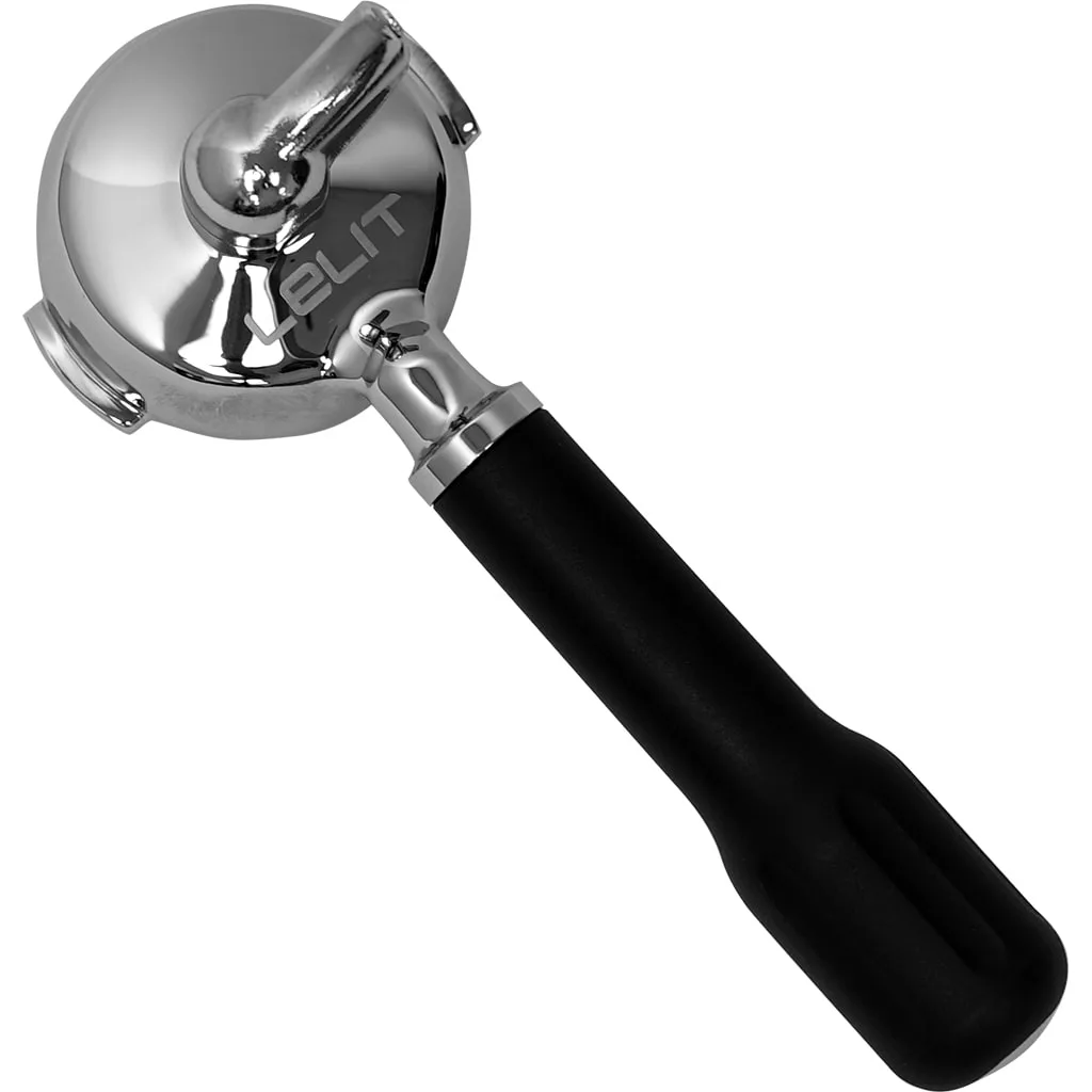 The Lelit 1000049 58mm Single Spout Portafilter has a black handle and ELIT engraved on stainless steel, shown from above at an angle for a detailed view. © 2025 1st-line.com