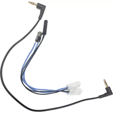 The Lelit 3000043 Water Tank Wiring features blue wiring, two right-angle 3.5mm male connectors, a cylindrical adapter, and a white connector—perfect for linking water tank sensors and accessories. © 2025 1st-line.com