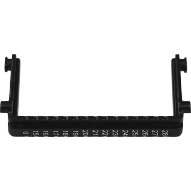 The Lelit 3700073 Water Tank/Reservoir Handle 15-28 is a black plastic rectangular frame with white numbers 15 to 28 along one side, designed for measuring or aligning small objects. © 2025 1st-line.com