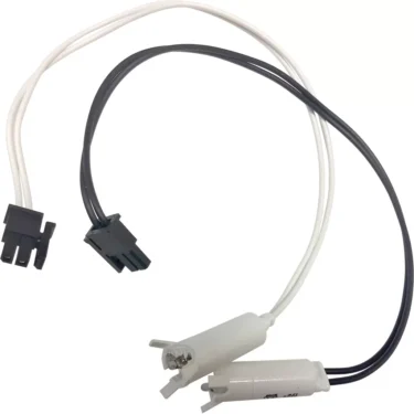 The Rancilio 10701282 Light Assembly includes two electrical wires, one black and one white, each featuring a plastic connector on one end and a cylindrical component on the other for appliance or lighting connections. © 2025 1st-line.com