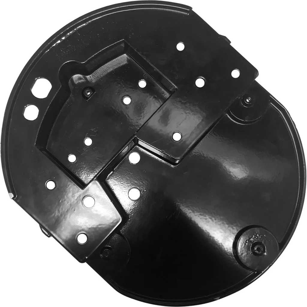 The Rancilio 21220110 Bottom Base (minor scratches), a black, round metal part with multiple holes, indents, and a glossy finish, is shown against a white background. © 2025 1st-line.com