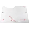 The Rancilio 32330370 Lower Front Body Panel is a clear rectangular acrylic sheet with two holes, a top edge notch, and partially covered by protective film marked with red arrows and LASER FILM text. © 2025 1st-line.com