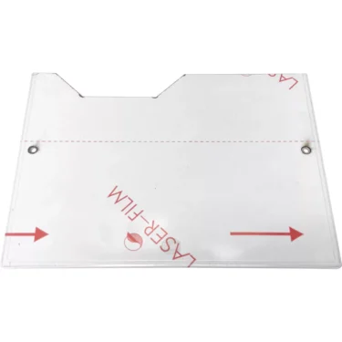 The Rancilio 32330370 Lower Front Body Panel is a clear rectangular acrylic sheet with two holes, a top edge notch, and partially covered by protective film marked with red arrows and LASER FILM text. © 2025 1st-line.com