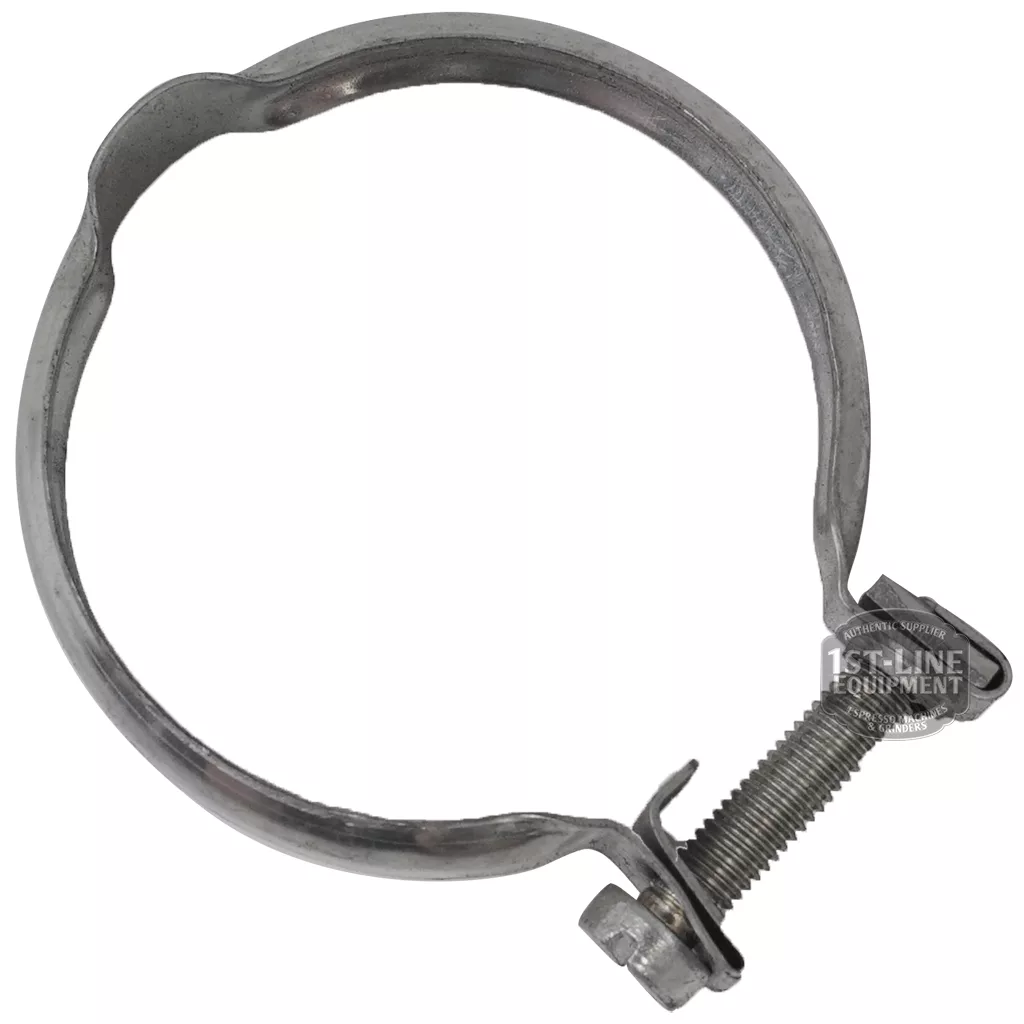 The V....1 STAINLESS STEEL PUMP CLAMP features a screw mechanism and a partially open design, ideal for securing hoses or pipes. © 2025 1st-line.com