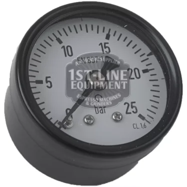 The V..203 SINGLE SCALE PUMP PRESSURE GAUGE features a round design with black numbers and markings on a white face, measures up to 25 bar, reads 2 bar on the needle, and has 1st-Line Equipment branding in the center. © 2025 1st-line.com
