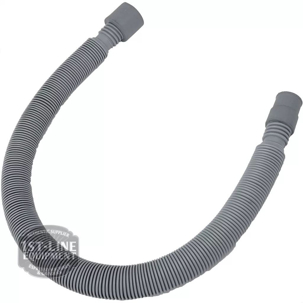 The V..205 Flexible Drain Pipe is a grey, corrugated plastic hose with smooth connectors at both ends, shown arched on a white background—ideal for versatile plumbing applications. © 2025 1st-line.com