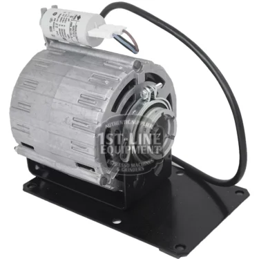 The V..241 130W 230V STANDARD BRACKET MOTOR features a silver body, black mounting base, attached capacitor, ventilation slots, and a black power cable. It is shown resting on a white background. © 2025 1st-line.com