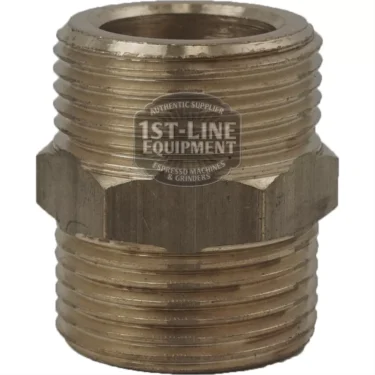 The V..306 3/4 x 3/4 fitting is a brass hex nipple with male threads on both ends and a hex nut center for connecting pipes or fittings. It features the 1st-Line Equipment logo on its surface. © 2025 1st-line.com