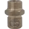 The V..309 3/8 M x 3/8 M Pump Fitting is a metal connector with a hexagonal center, used to join two pipes or hoses. Image watermark: 1st-Line Equipment Espresso Machines & Grinders. © 2025 1st-line.com