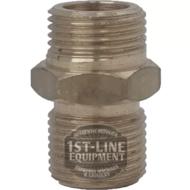 The V..309 3/8 M x 3/8 M Pump Fitting is a metal connector with a hexagonal center, used to join two pipes or hoses. Image watermark: 1st-Line Equipment Espresso Machines & Grinders. © 2025 1st-line.com