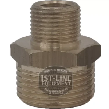 The V..316 3/8m-3/4m FITTING is a metal plumbing fitting with a hexagonal center and threaded ends, featuring the 1st-Line Equipment logo and text printed across its middle section. © 2025 1st-line.com