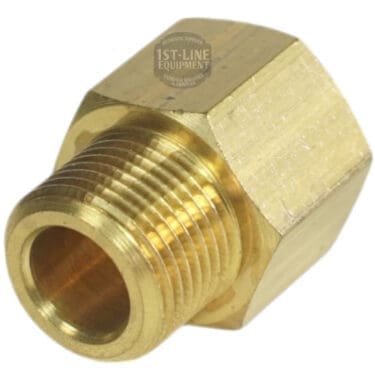 The V..319 3/8f-3/8m FITTING is a brass hexagonal pipe adapter with external and internal threads and a metallic gold sheen, shown unused against a white background. © 2025 1st-line.com