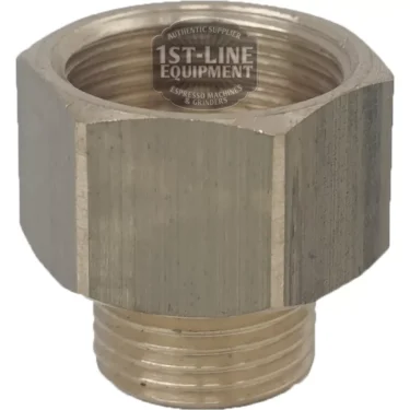 The V..323 3/4f-1/2m FITTING is a brass hexagonal pipe adapter with bottom external threads and top internal threads. The 1st-Line Equipment logo appears on the upper inner rim. © 2025 1st-line.com
