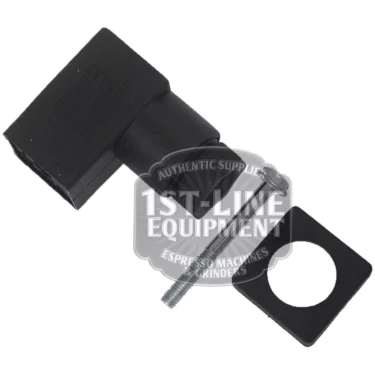 The V..377 FLOWMETER CONNECTOR is a black plastic connector with a metal screw and mounting bracket, shown on a white background. The image displays the “1st-Line Equipment” watermark and is identified as V..377. © 2025 1st-line.com