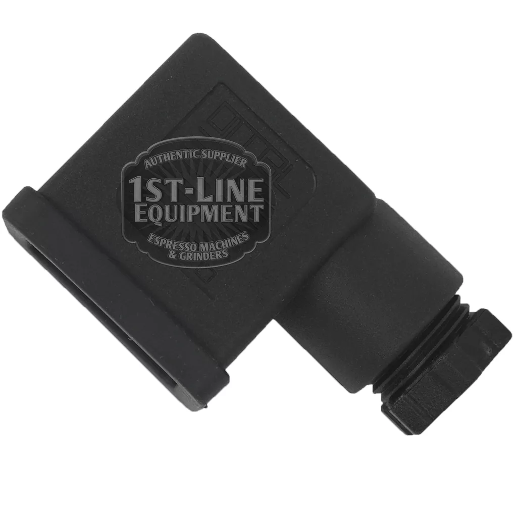 The V..378 SMALL SOLENOID CONNECTOR is a black plastic L-shaped connector with a ribbed cap and the 1st-Line Equipment logo on the side, shown against a white background. © 2025 1st-line.com