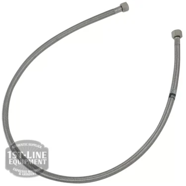 The V..451 1M Stainless Steel Flexible Hose, featuring metal connectors on both ends, is displayed in a curved form against a white background. The bottom left corner includes a 1st Line Equipment watermark. © 2025 1st-line.com