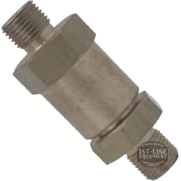 The V..505 1/8 EXPANSION VALVE is a metallic, cylindrical valve with threaded ends for pipe connections, displayed at an angle against a white background. © 2025 1st-line.com