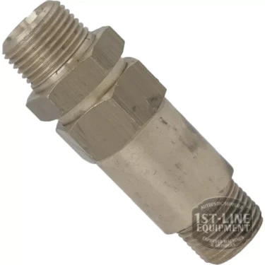 The V..508 3/8 RETENTION VALVE is a sturdy, metallic, hexagonal retention valve with threaded ends for connecting to pipes or hoses. Features an industrial design and “1st Line Equipment” logo in the bottom right corner. © 2025 1st-line.com