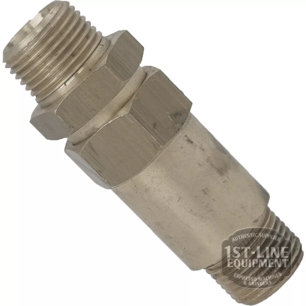 The V..508 3/8 RETENTION VALVE is a sturdy, metallic, hexagonal retention valve with threaded ends for connecting to pipes or hoses. Features an industrial design and “1st Line Equipment” logo in the bottom right corner. © 2025 1st-line.com