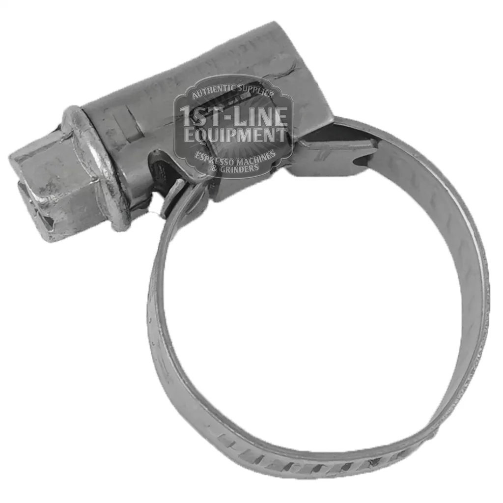The V...62 12-20 HOSE CLAMP is a stainless steel, screw-type clamp with a circular band, ideal for securing hoses and features the 1st-Line Equipment logo for durability and reliability. © 2025 1st-line.com