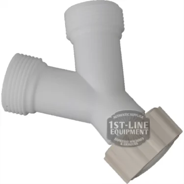 The V...64 3/4m 3/4 f 3 WAYS Y-FITTING is a white plastic 3-way Y-connector with threaded ends, a beige cap on one end, and the 1st-Line Equipment logo sticker on the side. © 2025 1st-line.com