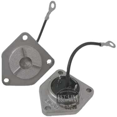 Two Gicar 9.0.15.05G Flowmeter Lids with 2 connection points, three mounting holes, and black wires are shown on a white background—one displays the wired side, the other shows the flat back with a circular center groove. © 2025 1st-line.com