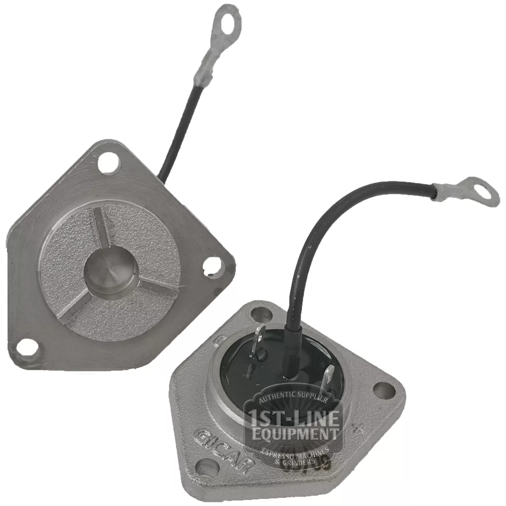 Two Gicar 9.0.15.05G Flowmeter Lids with 2 connection points, three mounting holes, and black wires are shown on a white background—one displays the wired side, the other shows the flat back with a circular center groove. © 2025 1st-line.com