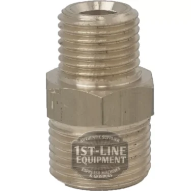 V..313 3/8 M x 1/4 M FITTING/REDUCER, a brass male threaded hex reducer for connecting plumbing or espresso machine parts. The 1st-Line Equipment logo appears near the bottom. © 2025 1st-line.com