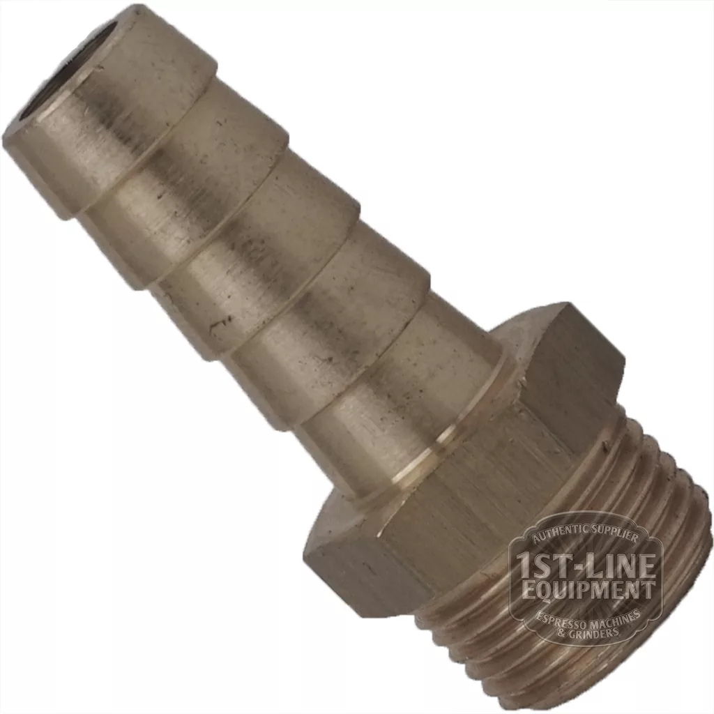 A V..530 3/4m-1m brass hose barb fitting with a threaded end and ridged barb for secure attachment, shown on a white background. The 1st Line Equipment watermark appears on the fitting. © 2025 1st-line.com