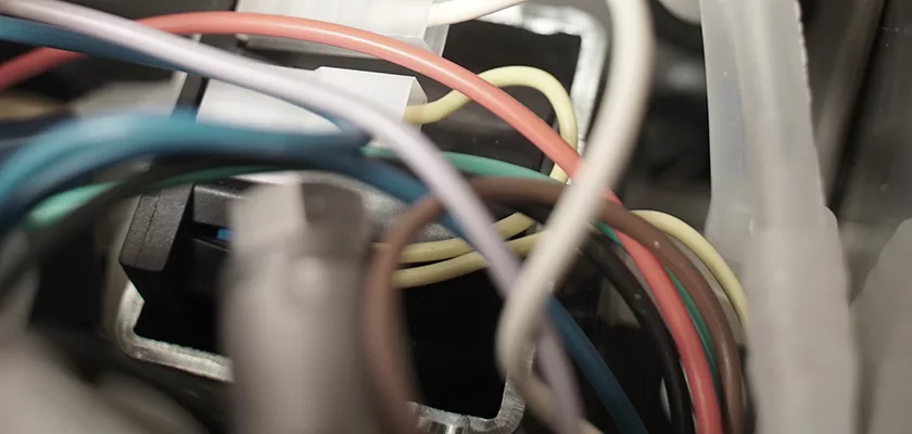 Close-up of red, yellow, white, green, and brown wires tangled inside a Bezzera New Hobby Espresso Machine—ideal for those interested in appliance repair or coffee equipment. © 2025 1st-line.com