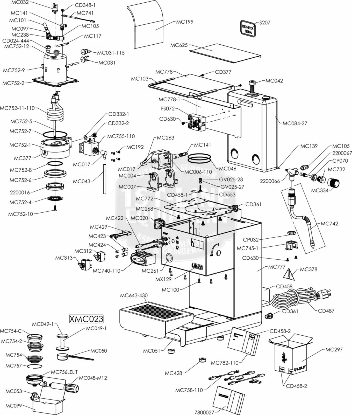 Exploded diagram of a coffee machine showing all internal components, including the water tank, pump, wiring, seals, screws, and labeled parts, arranged with part numbers and lines indicating assembly positions. © 2025 1st-line.com