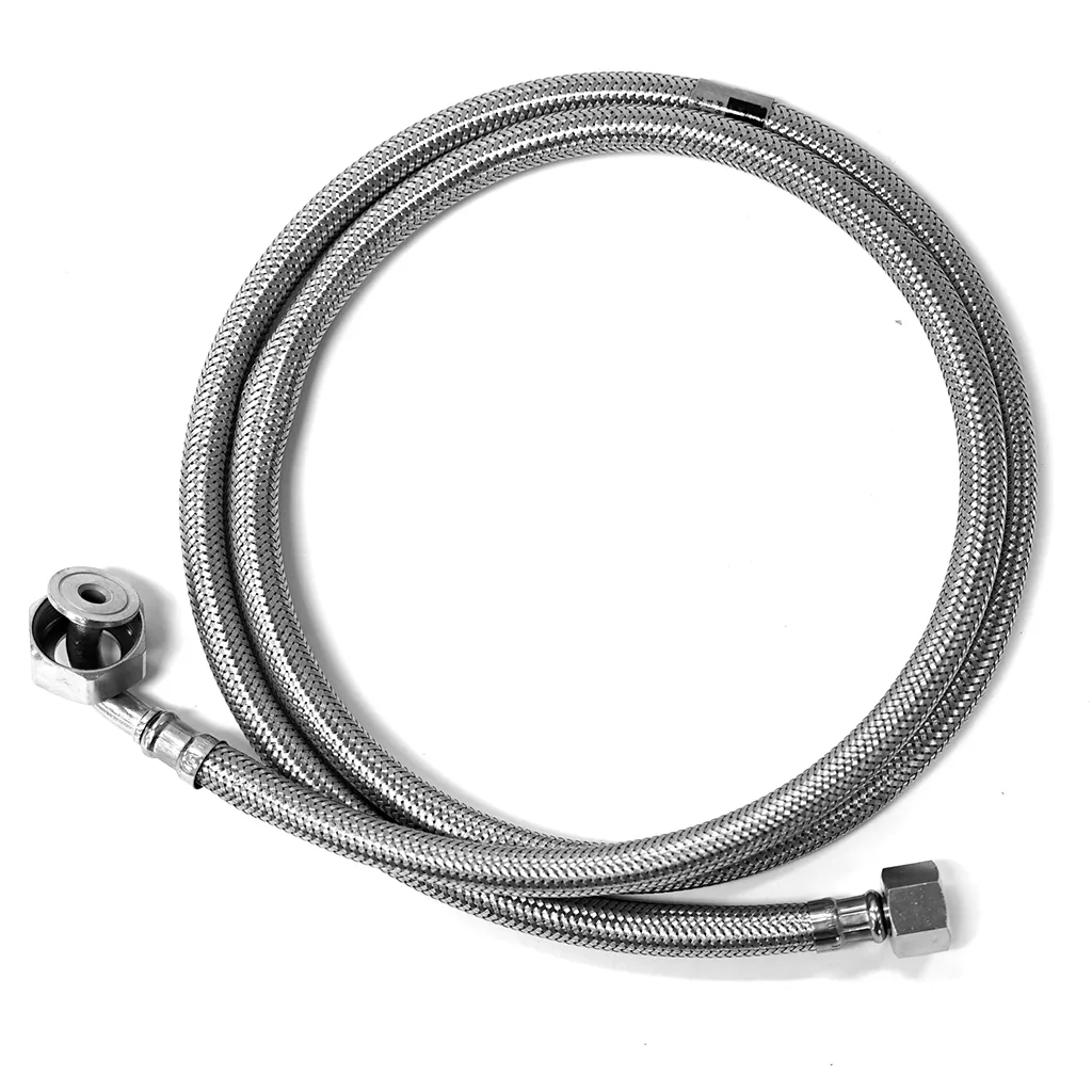The Ascaso I.3876 Stainless Steel Inlet Hose, featuring metal fittings (one angled, one hexagonal) on both ends, is shown coiled against a white background. © 2025 1st-line.com