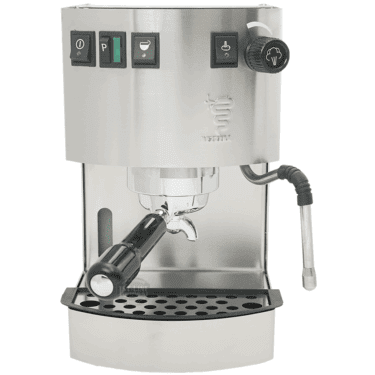 The Bezzera New Hobby Espresso Machine features stainless steel construction, three top buttons, a portafilter handle, right-side steaming wand, and a bottom drip tray—ideal for those beginning their home barista journey. © 2025 1st-line.com