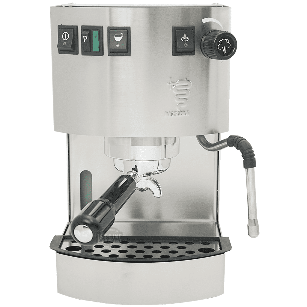 The Bezzera New Hobby Espresso Machine features stainless steel construction, three top buttons, a portafilter handle, right-side steaming wand, and a bottom drip tray—ideal for those beginning their home barista journey. © 2025 1st-line.com