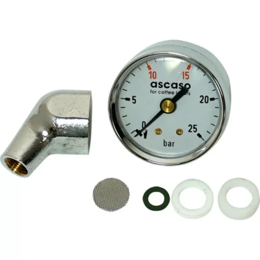 The V..512 3/8 Portafilter Brew/Pump Pressure Gauge Check Kit includes a 0–25 bar gauge, metal elbow fitting, metal mesh filter, green rubber gasket, and two white plastic washers—ideal for coffee lovers. © 2025 1st-line.com