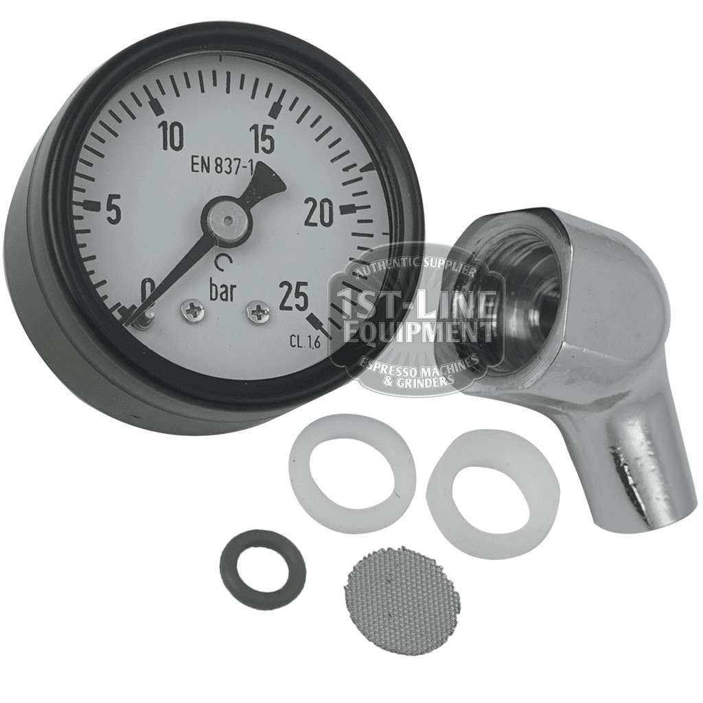 The V..512 3/8 Portafilter Brew/Pump Pressure Gauge Check Kit includes a round analog pressure gauge (marked in bars), a metal pipe fitting, three washers, a green rubber O-ring, and a mesh screen—displayed on a white background. © 2025 1st-line.com