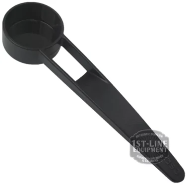 The V..520 PLASTIC SPOON is a black plastic coffee scoop with a flat handle, featuring an open rectangular section near the scoop and displaying a subtle V520 and 1st-Line Equipment logo watermark on the handle. © 2025 1st-line.com