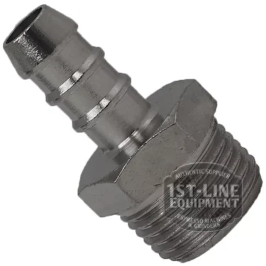 The V..539 3/8 Pipe to 8mm Hose Fitting features a ribbed hose end and threaded male end with a polished finish, shown at an angle. The fitting displays a visible 1st-Line Equipment watermark. © 2025 1st-line.com