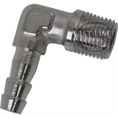 The V..548 1/8 FITTING is a metal elbow with a threaded male end and barbed hose connector, perfect for connecting pipes or tubes at a right angle. © 2025 1st-line.com
