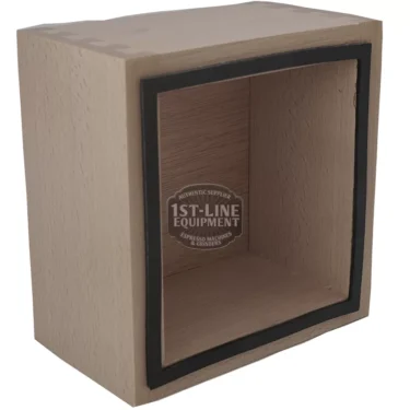 The V..700 WOOD BOX is a square wood box with an open front and black inner lining for used espresso grounds; the 1st-Line Equipment logo is faintly visible on the inner back panel. © 2025 1st-line.com