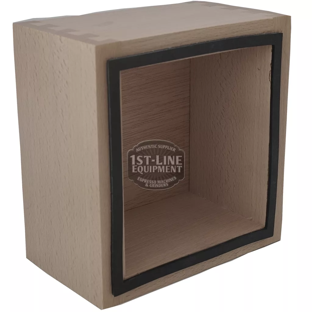 The V..700 WOOD BOX is a square wood box with an open front and black inner lining for used espresso grounds; the 1st-Line Equipment logo is faintly visible on the inner back panel. © 2025 1st-line.com
