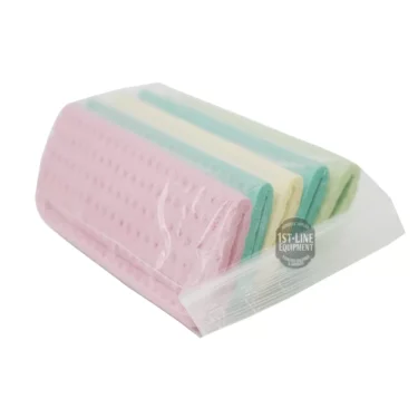 A clear plastic package containing pastel-colored cleaning sponges in pink, blue, yellow, and green, stacked together on a white background. © 2025 1st-line.com