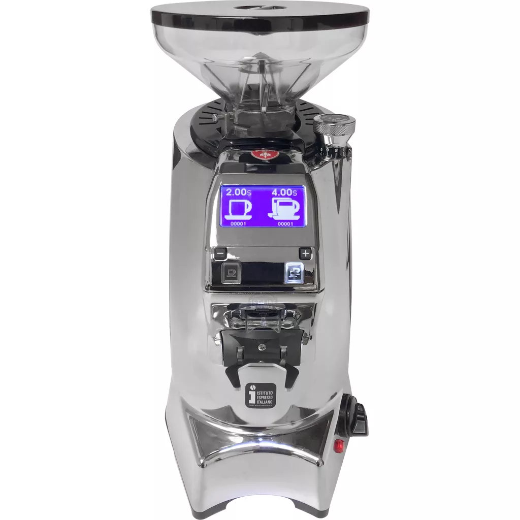 A shiny, silver Eureka Zenith 65 E Espresso Coffee Grinder with a digital display showing two coffee quantity options and a transparent hopper on top for holding beans, featuring durable titanium burrs for precise grinding. © 2025 1st-line.com