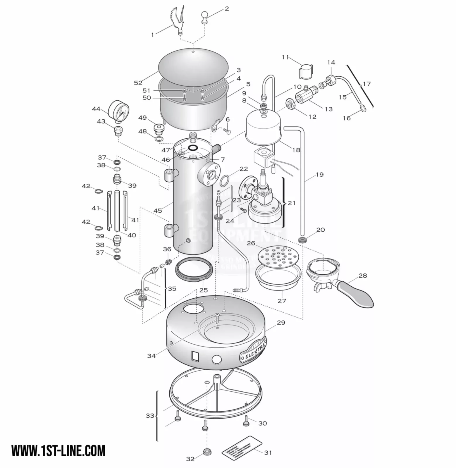Exploded-view parts diagram of the 2017 Elektra Microcasa Semiautomatica coffee machine, showing numbered components like the water tank, heating element, internal mechanisms, and exterior housing for easy identification. © 2025 1st-line.com