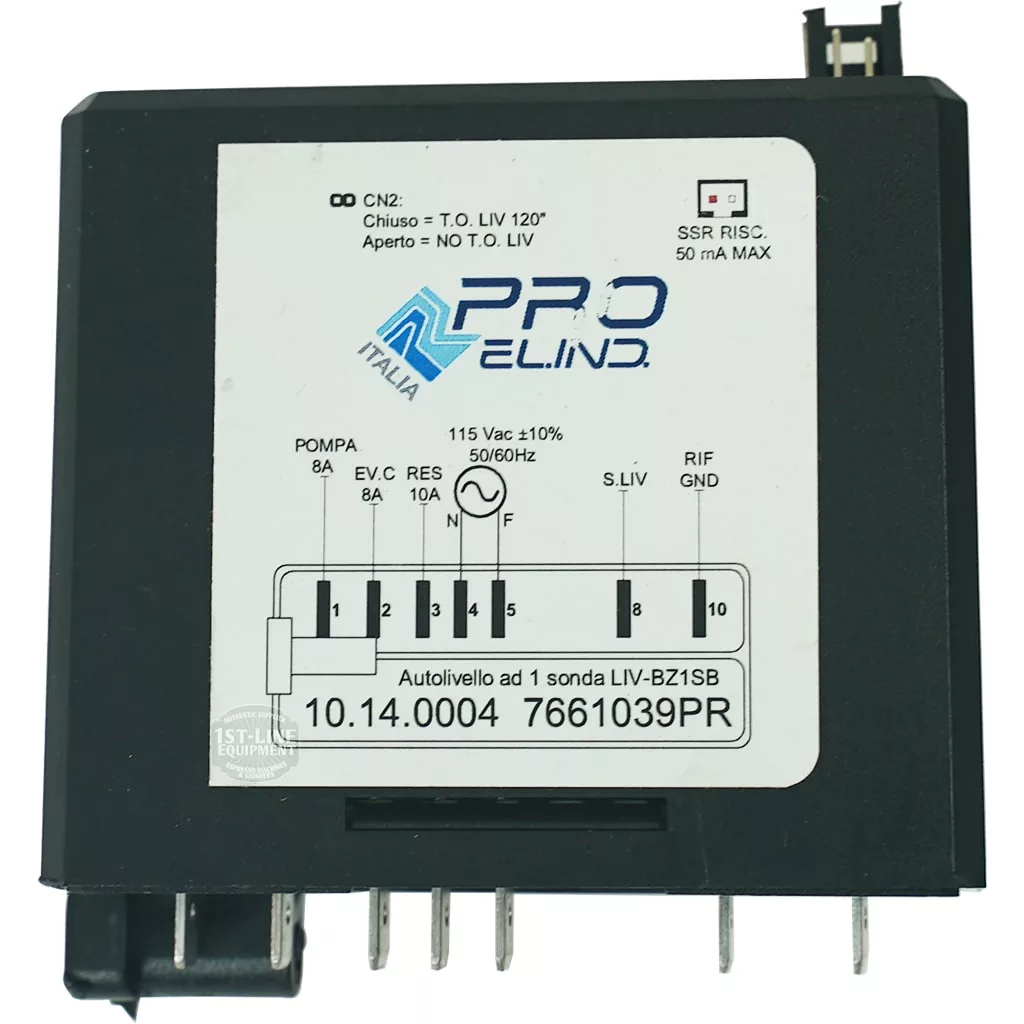 The Bezzera Level Regulator 1 Probe 115V Brain Unit is a rectangular electronic module with multiple bottom pins, technical specifications, a graph, and model numbers 10.14.0004 and 7661039PR on the front. © 2025 1st-line.com