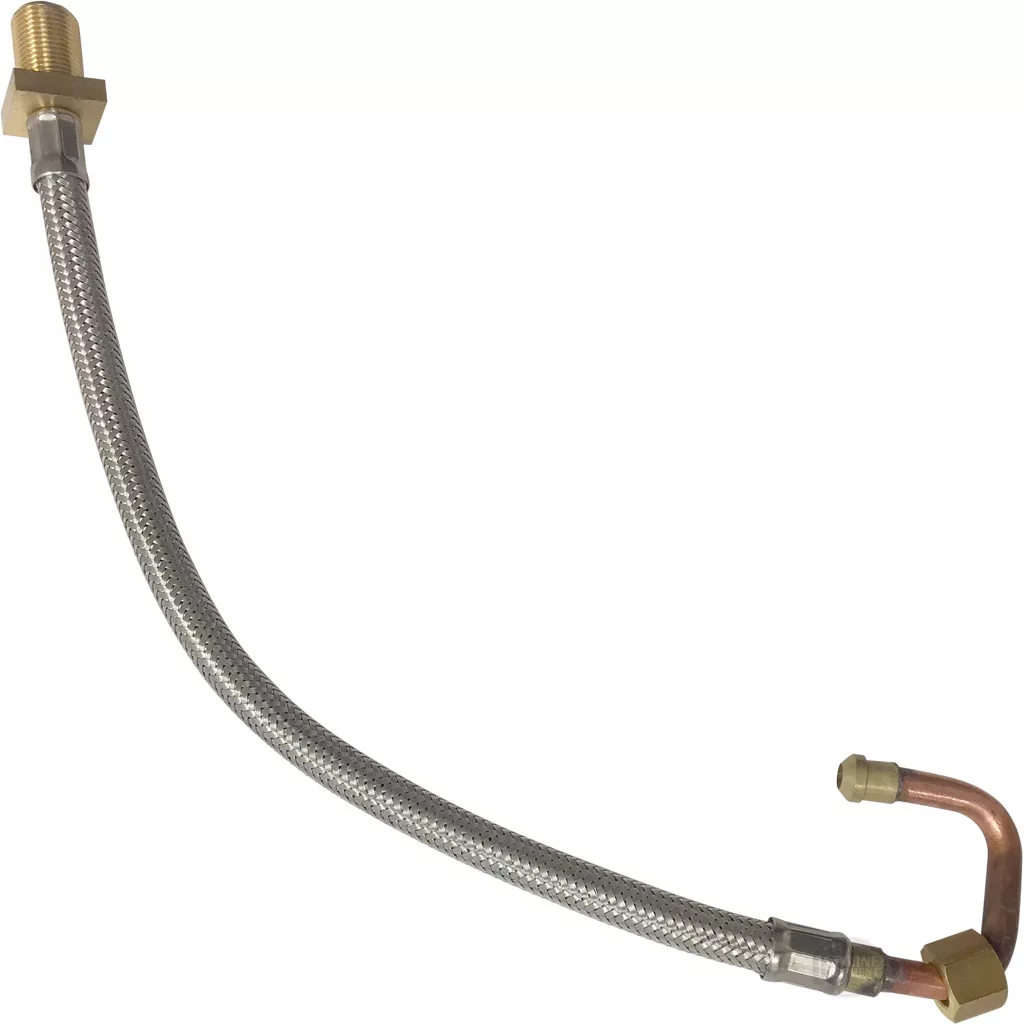 The Elektra 02626014 Pump Flex Pipe is a flexible metal braided pipe with threaded brass fittings—one straight and one right-angle—designed for Elektra Pump models. © 2025 1st-line.com