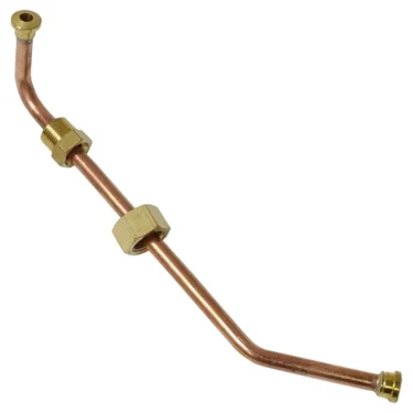 The Rancilio 10043151 Pipe (8x6x270mm) features threaded brass connectors and fittings along its bent length, displayed against a white background. © 2025 1st-line.com