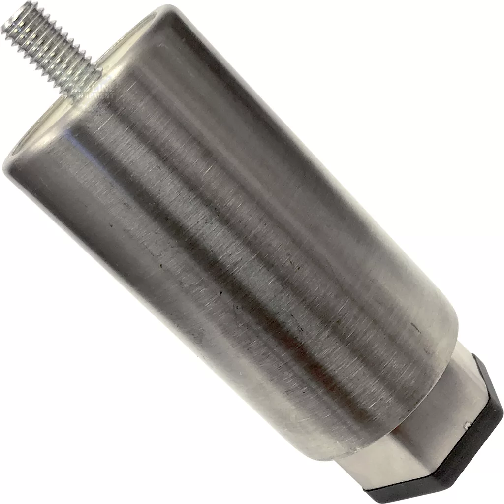 The V.1609 M-8 ADJUSTABLE 7-12cm STAINLESS STEEL FOOT features a cylindrical design with a threaded screw on one end and a flat, black base on the other, displayed against a white background. © 2025 1st-line.com