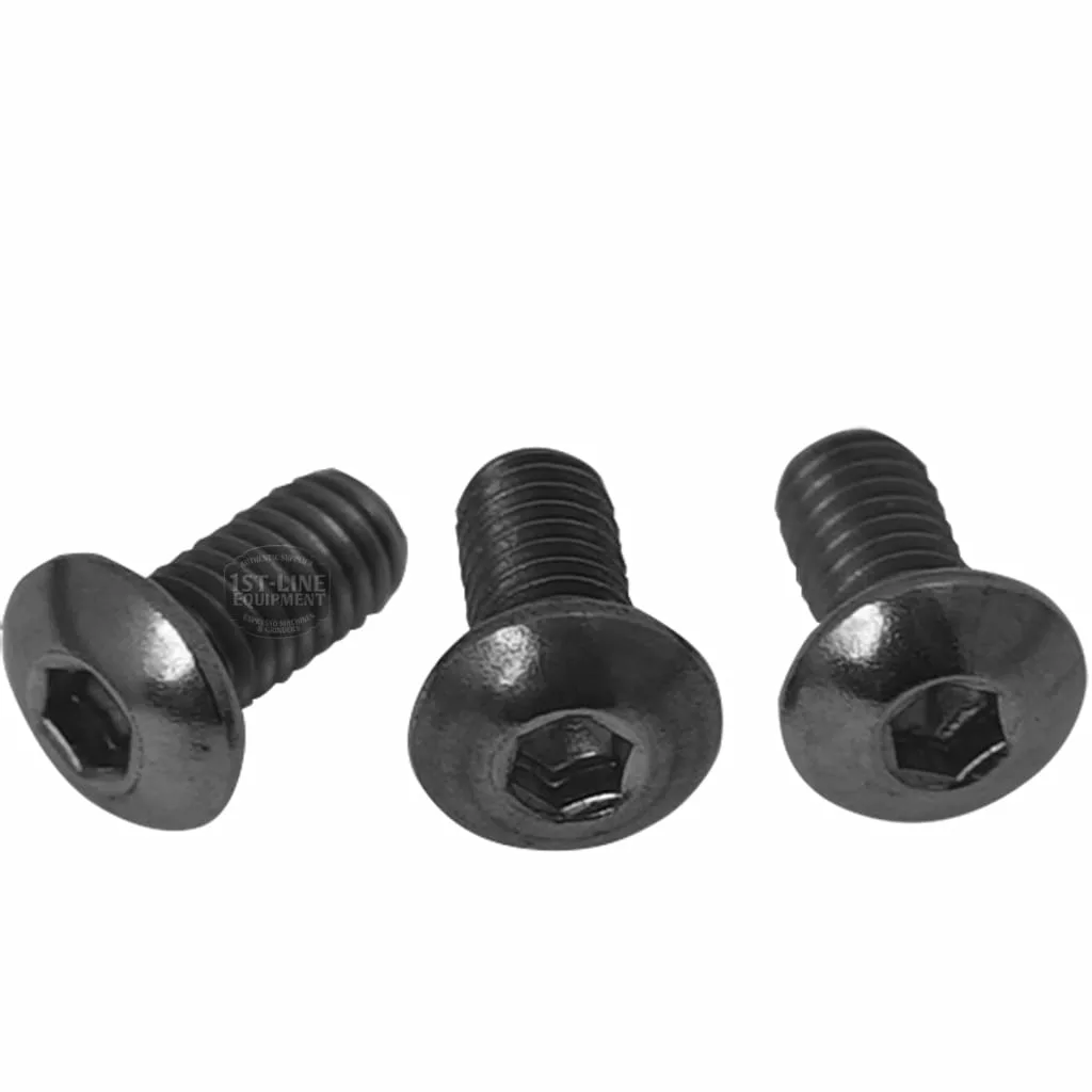 Three black, round-headed screws with hex socket heads are side by side on a white background, suitable for use with the ECM G1140 Stainless Steel Grinding Adjustment Gear. © 2025 1st-line.com